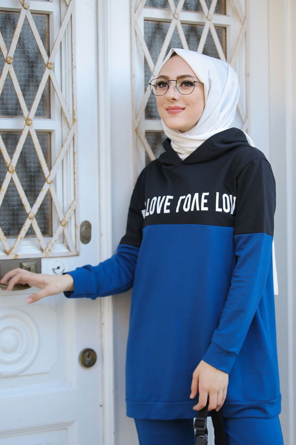 8397 LOVE BASKILI TUNİK PANTOLON Mavi - 8397 MAVİ