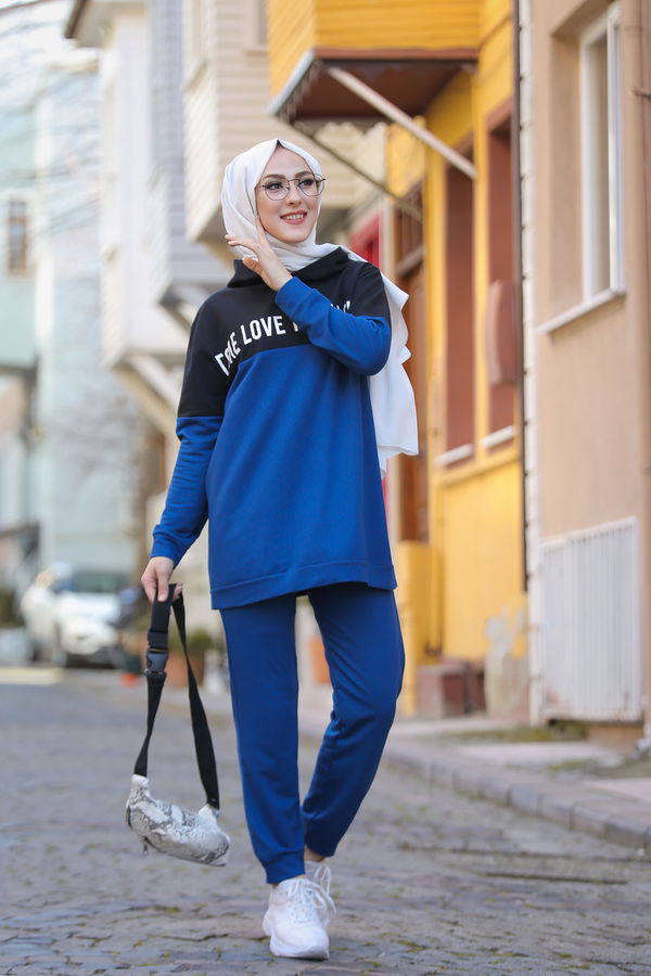 8397 LOVE BASKILI TUNİK PANTOLON Mavi - 8397 MAVİ