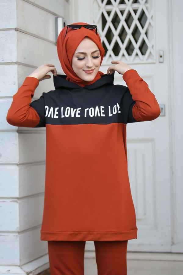 8397 LOVE BASKILI TUNİK PANTOLON Kiremit - 8397