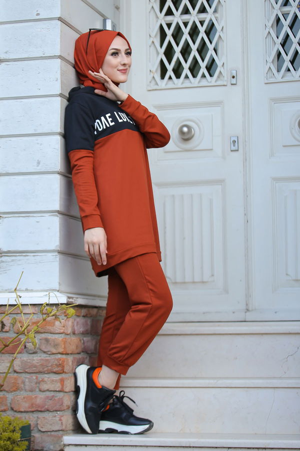 8397 LOVE BASKILI TUNİK PANTOLON Kiremit - 8397