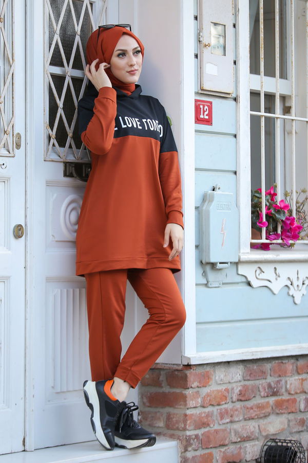 8397 LOVE BASKILI TUNİK PANTOLON Kiremit - 8397