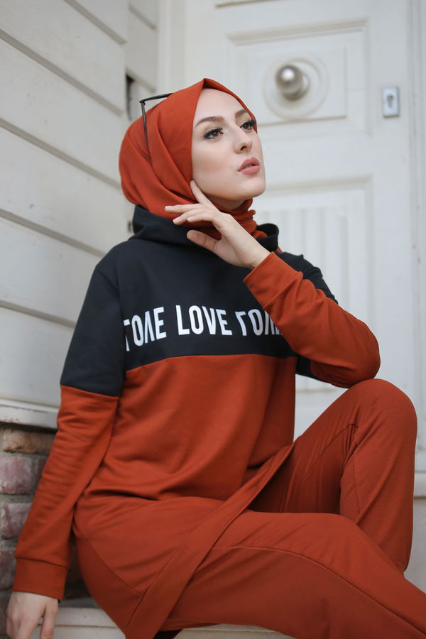 8397 LOVE BASKILI TUNİK PANTOLON Kiremit - 8397