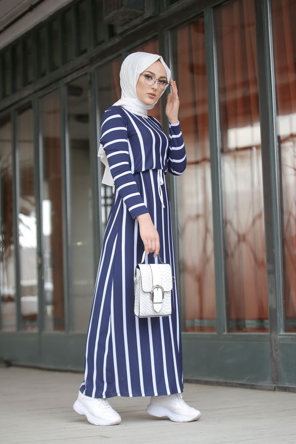 5255 ÇİZGİLİ ELBİSE Lacivert - 5255 LACİVERT