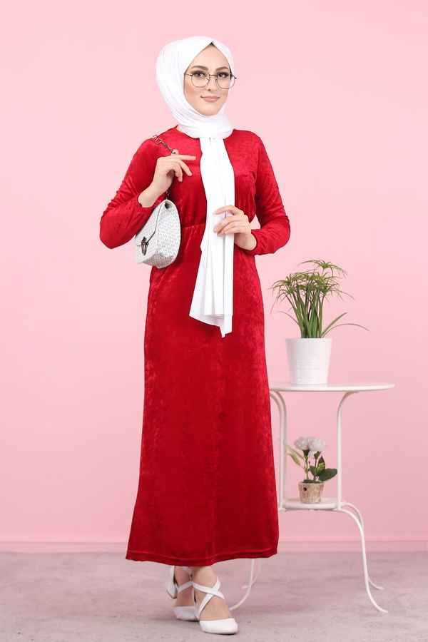 Kadife Elbise Siyah  Bordo - 7949