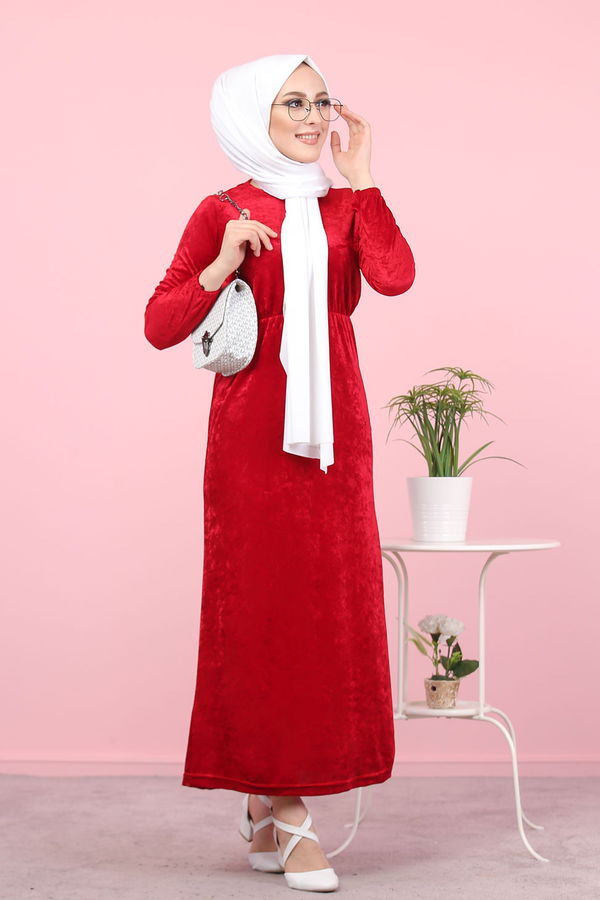 Kadife Elbise Siyah  Bordo - 7949