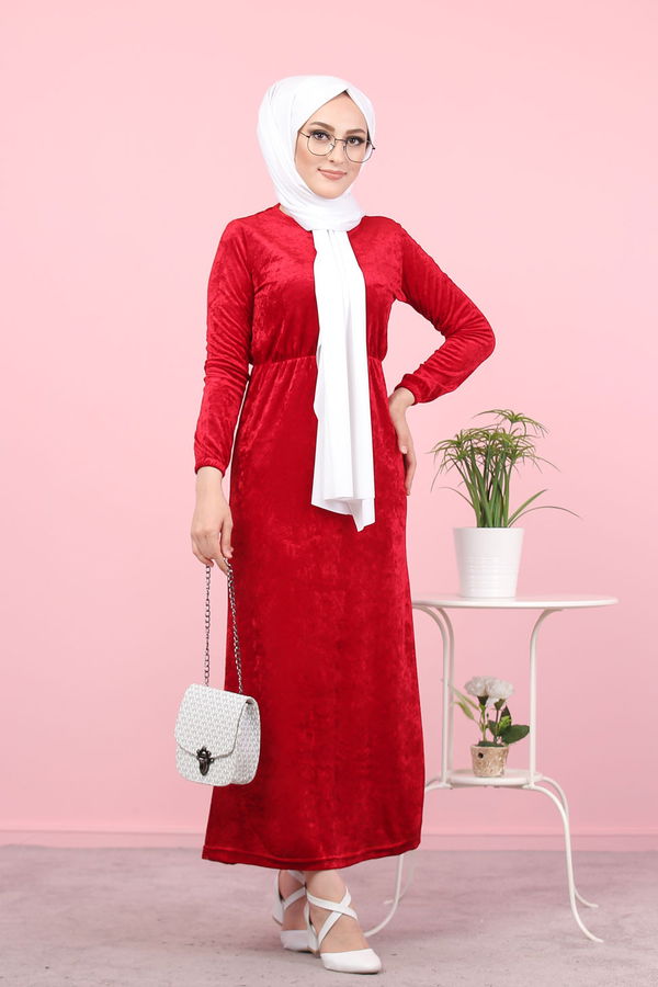 Kadife Elbise Siyah  Bordo - 7949