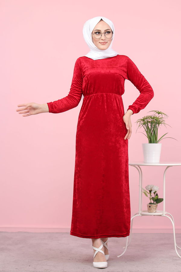 Kadife Elbise Siyah  Bordo - 7949