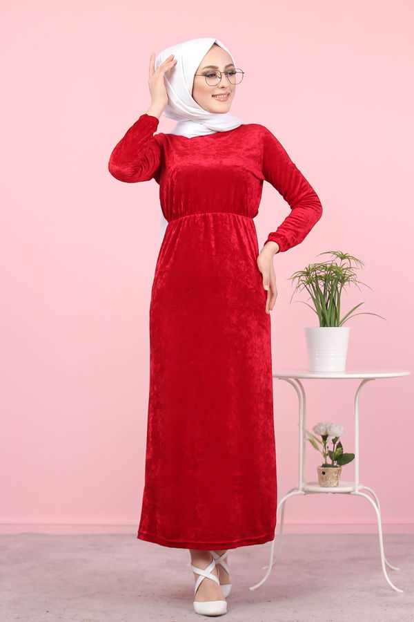Kadife Elbise Siyah  Bordo - 7949
