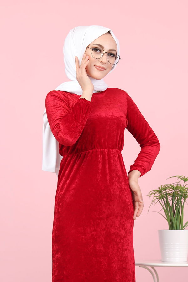 Kadife Elbise Siyah  Bordo - 7949