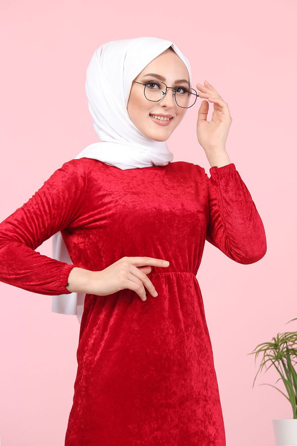 Kadife Elbise Siyah  Bordo - 7949