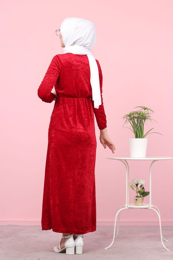 Kadife Elbise Siyah  Bordo - 7949