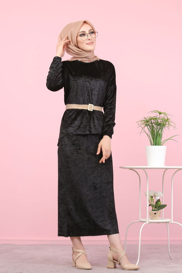 Kadife Tunik Etek Siyah Siyah - 7957 SİYAH