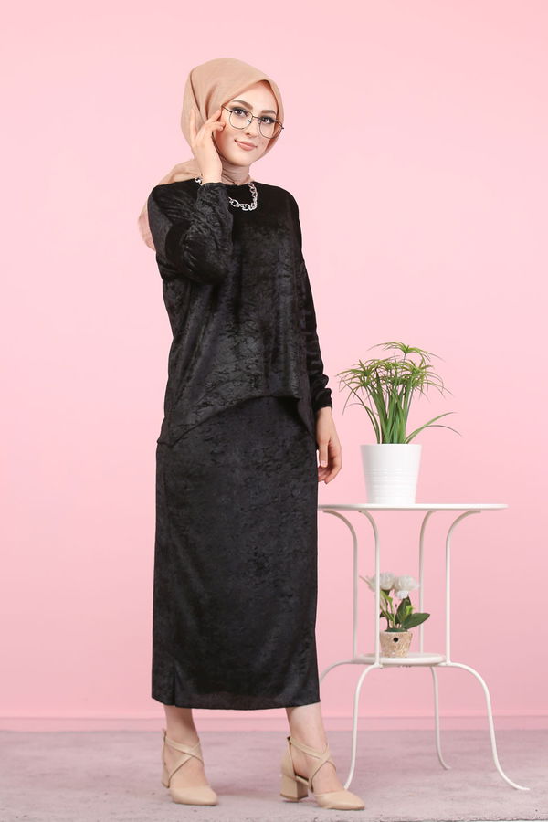 Kadife Tunik Etek Siyah Siyah - 7957 SİYAH