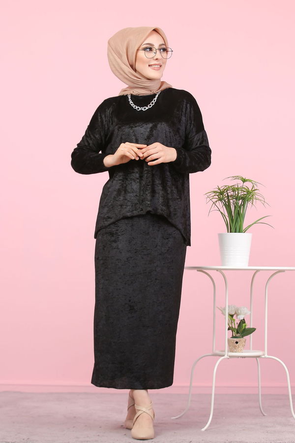 Kadife Tunik Etek Siyah Siyah - 7957 SİYAH