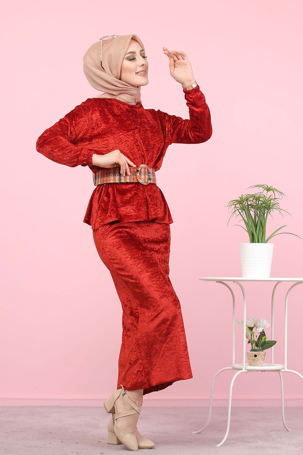 Kadife Tunik Etek Siyah Kiremit - 7957