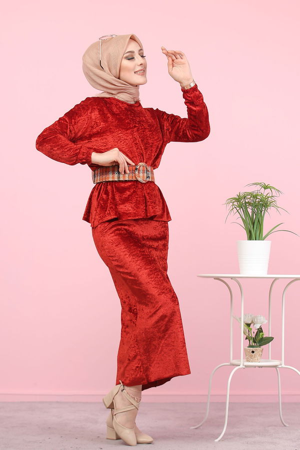 Kadife Tunik Etek Siyah Kiremit - 7957