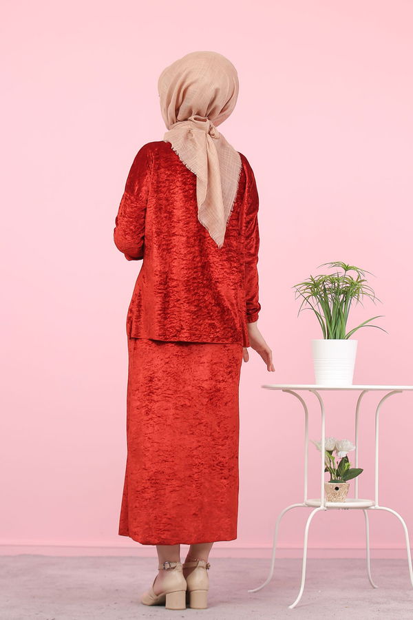 Kadife Tunik Etek Siyah Kiremit - 7957