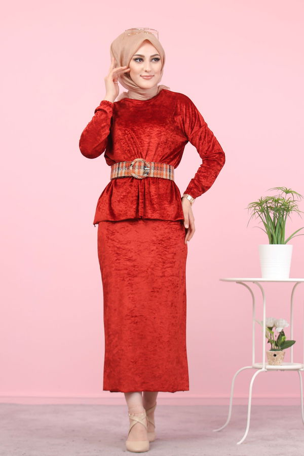 Kadife Tunik Etek Siyah Kiremit - 7957