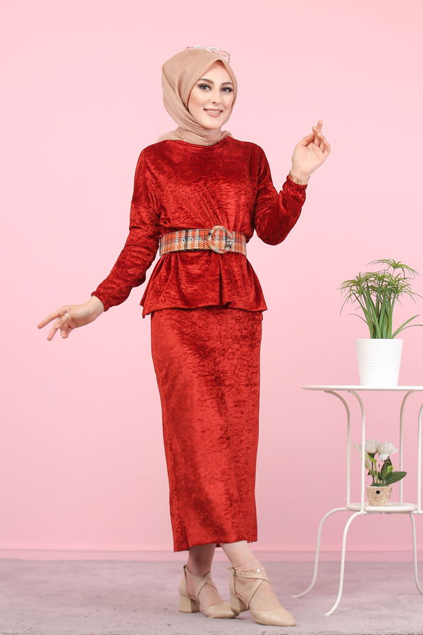 Kadife Tunik Etek Siyah Kiremit - 7957