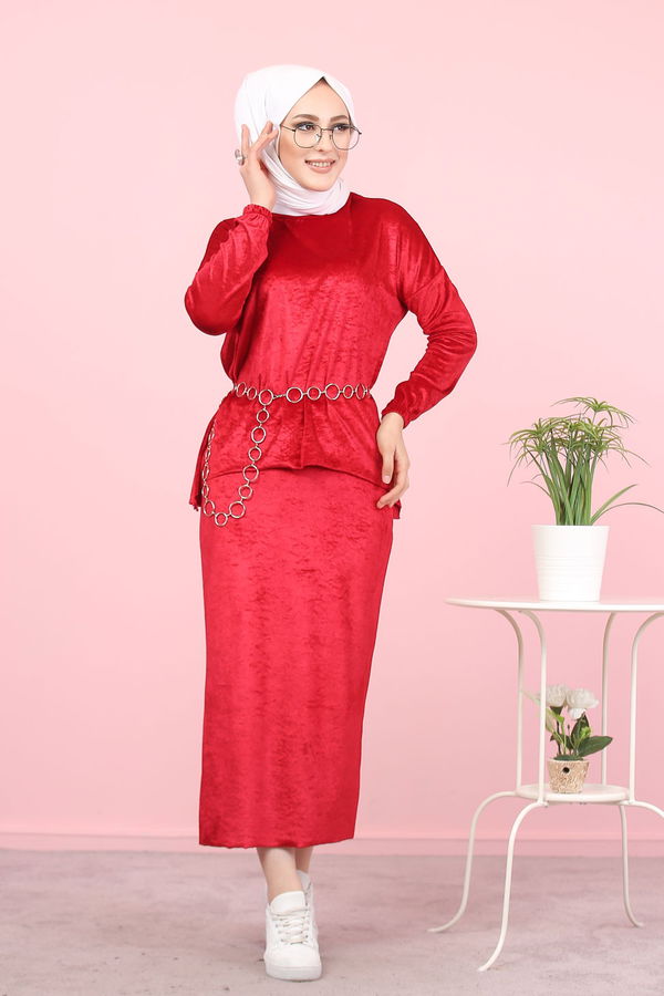 Kadife Tunik Etek Siyah Bordo - 7957