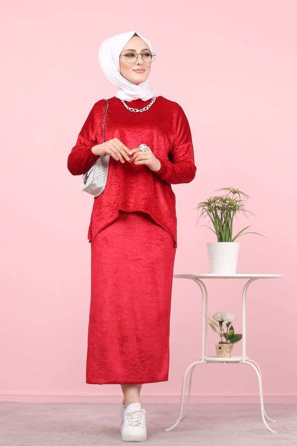 Kadife Tunik Etek Siyah Bordo - 7957