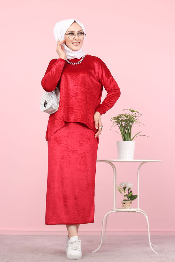 Kadife Tunik Etek Siyah Bordo - 7957