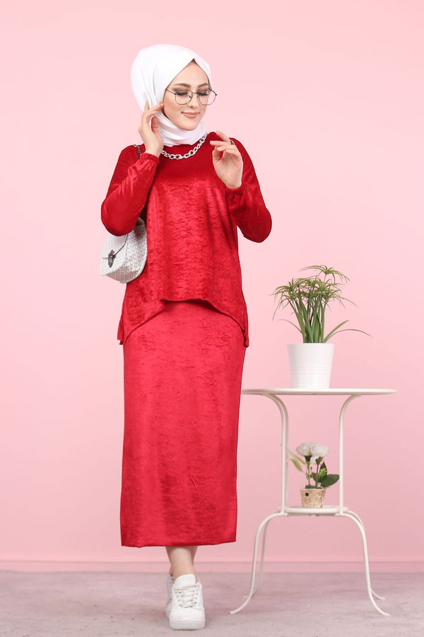Kadife Tunik Etek Siyah Bordo - 7957
