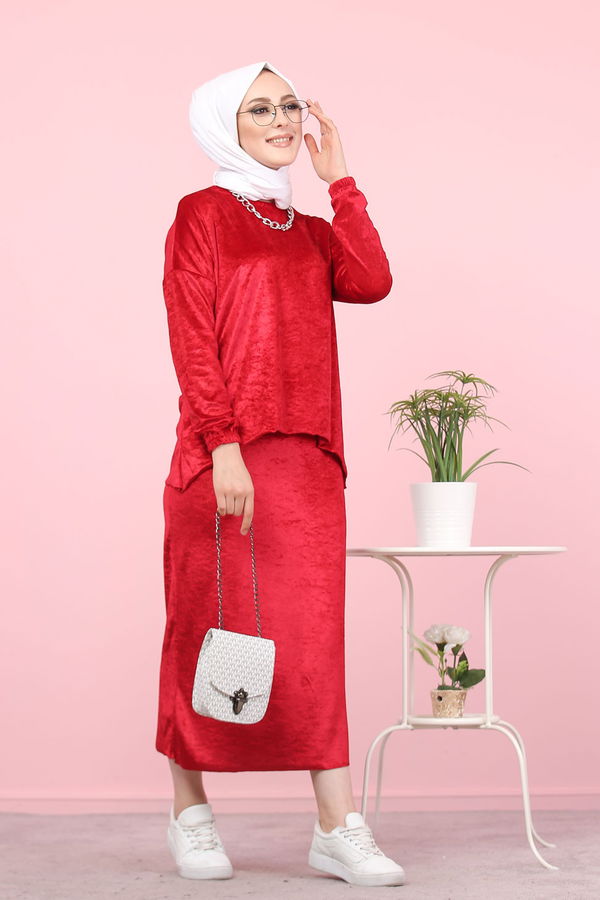Kadife Tunik Etek Siyah Bordo - 7957