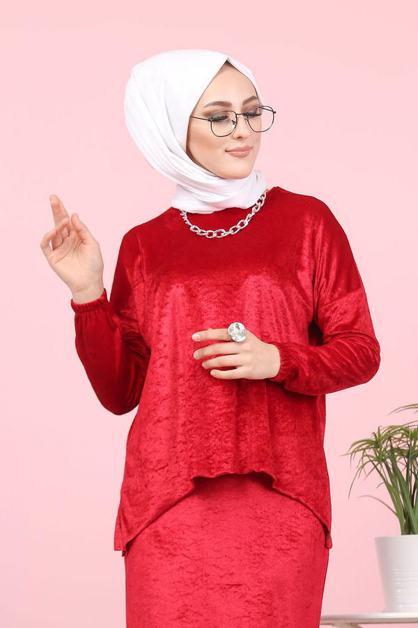Kadife Tunik Etek Siyah Bordo - 7957