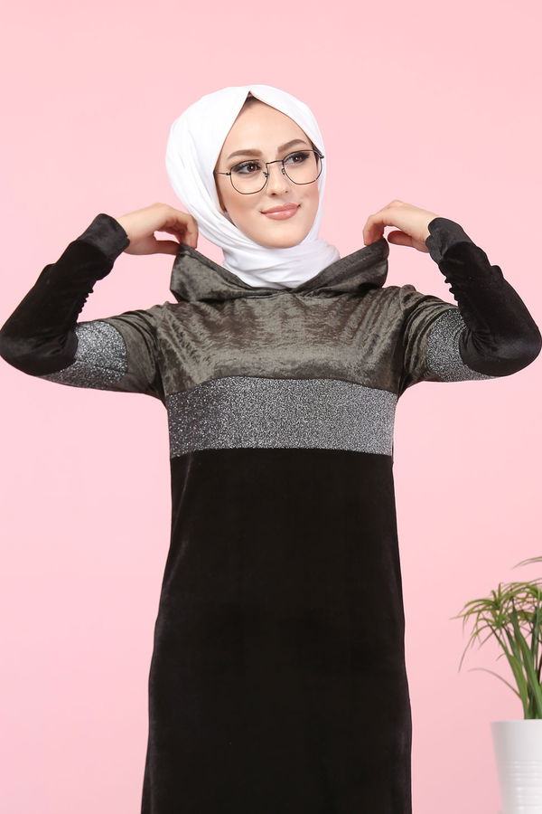 Kapşonlu Simli Kadife Elbise Haki Haki - 8173 HAKİ