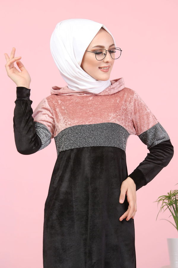 Kapşonlu Simli Kadife Elbise Haki Pembe - 8173 PEMBE