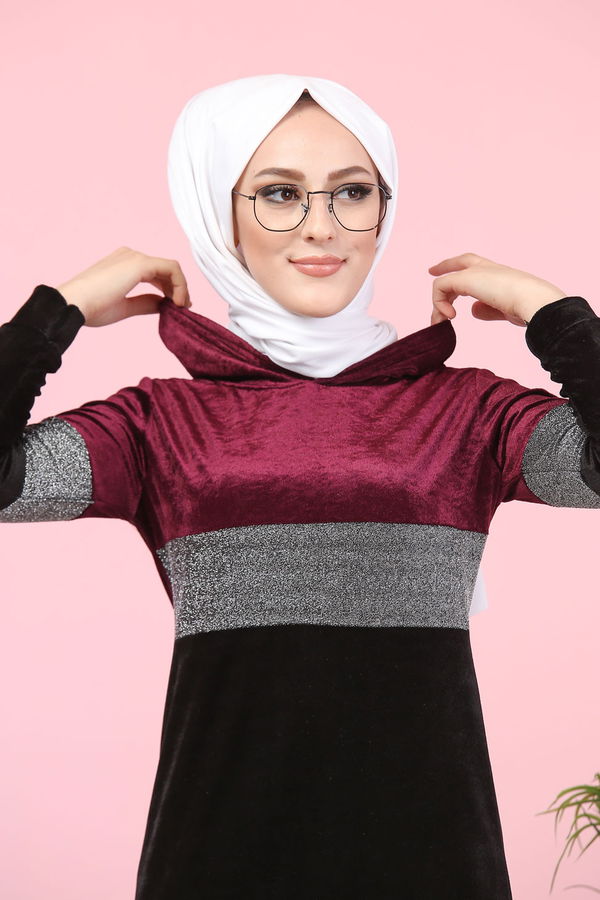 Kapşonlu Simli Kadife Elbise Haki Mor - 8173 MOR