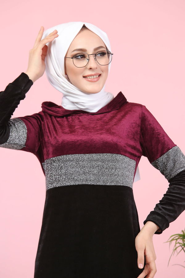 Kapşonlu Simli Kadife Elbise Haki Mor - 8173 MOR