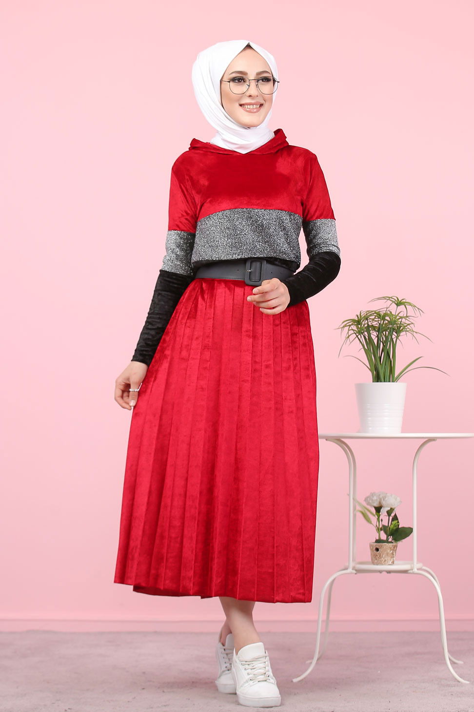 Simli Kadife Tunik Etek Haki  Bordo - 8246 BORDO