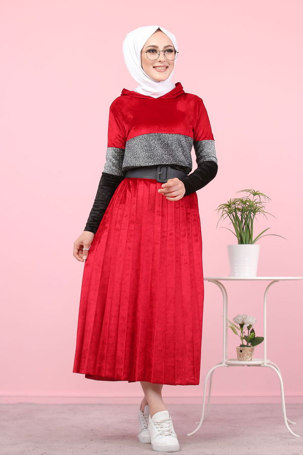 Simli Kadife Tunik Etek Haki  Bordo - 8246 BORDO