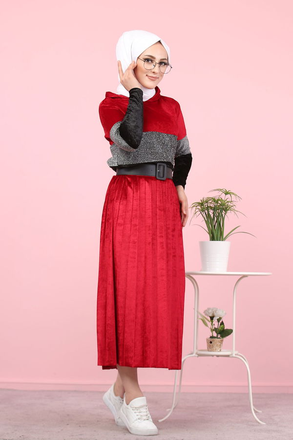 Simli Kadife Tunik Etek Haki  Bordo - 8246 BORDO