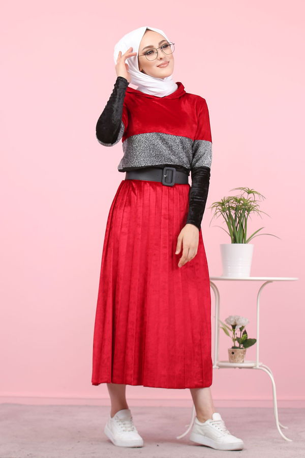 Simli Kadife Tunik Etek Haki  Bordo - 8246 BORDO