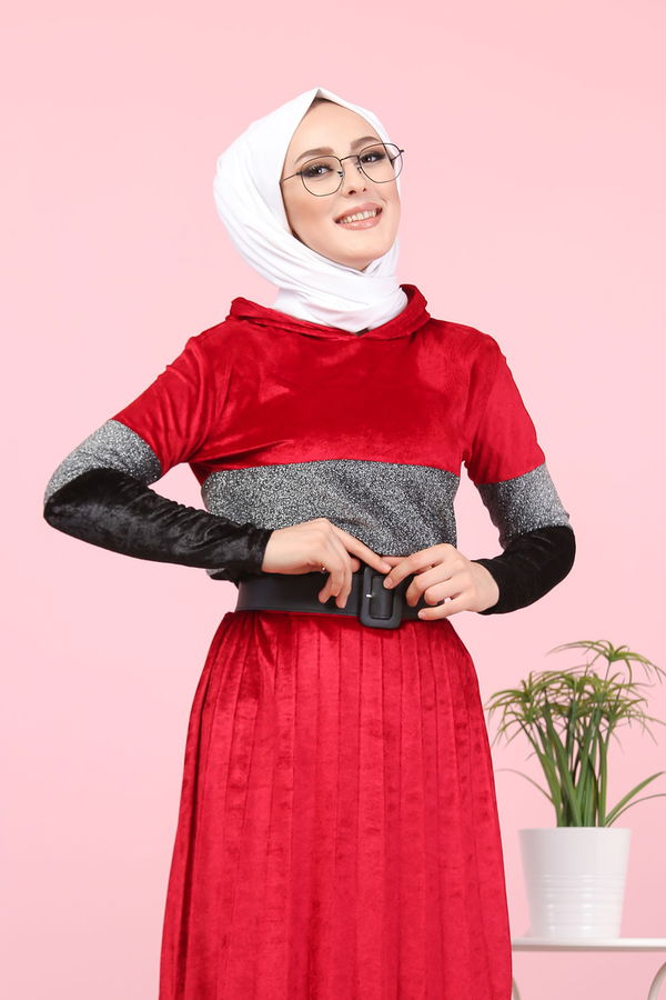 Simli Kadife Tunik Etek Haki  Bordo - 8246 BORDO
