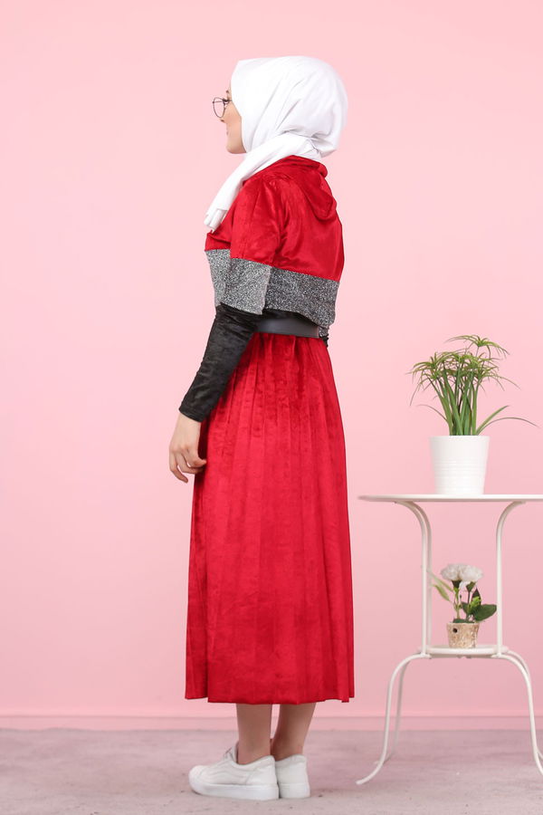 Simli Kadife Tunik Etek Haki  Bordo - 8246 BORDO
