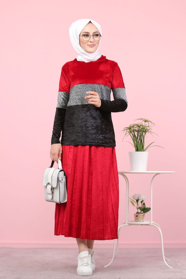 Simli Kadife Tunik Etek Haki  Bordo - 8246 BORDO