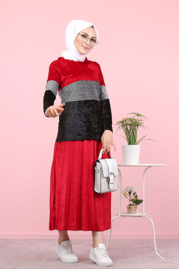 Simli Kadife Tunik Etek Haki  Bordo - 8246 BORDO