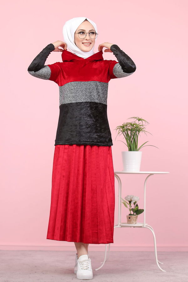 Simli Kadife Tunik Etek Haki  Bordo - 8246 BORDO
