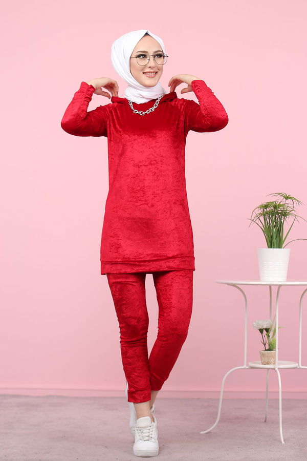 Kadife Tunik Pantolon Siyah  Bordo - 8187 BORDO