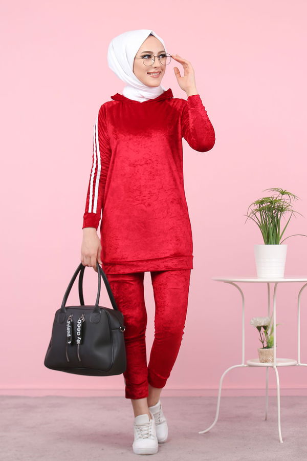 Kadife Tunik Pantolon Siyah  Bordo - 8187 BORDO