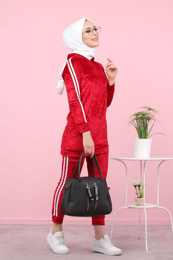 Kadife Tunik Pantolon Siyah  Bordo - 8187 BORDO