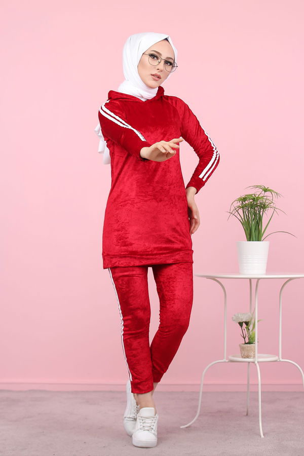 Kadife Tunik Pantolon Siyah  Bordo - 8187 BORDO
