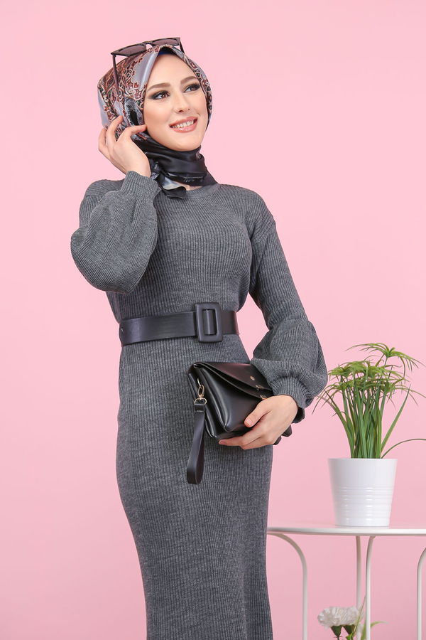 Triko Elbise Siyah  Antrasit - 7925