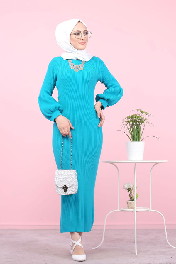 Triko Elbise Siyah  Yeşil - 7925