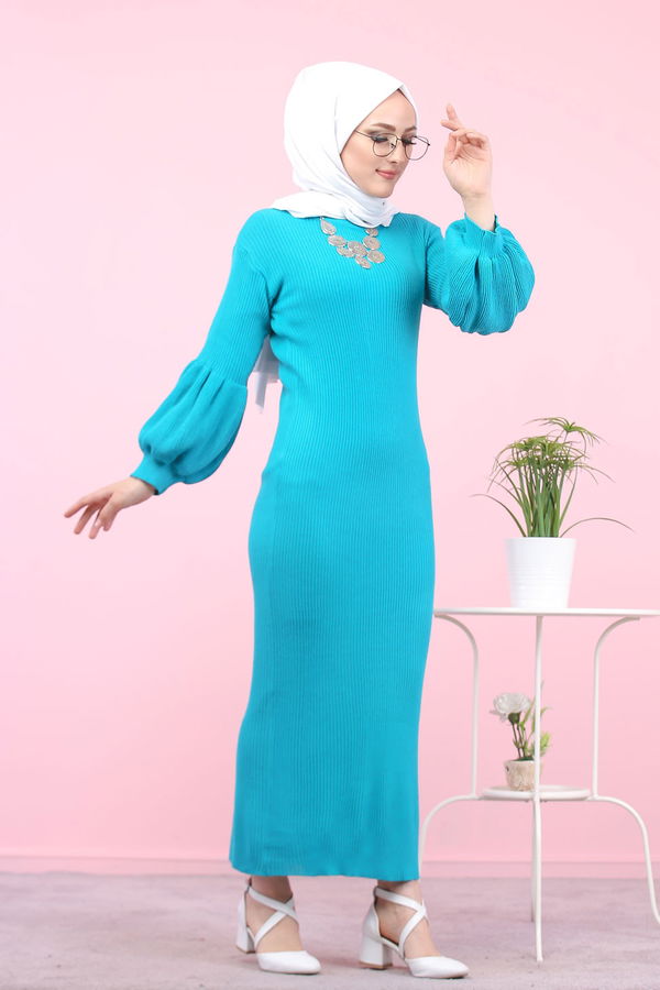 Triko Elbise Siyah  Yeşil - 7925