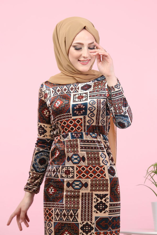 Etnik Desen Kadife Elbise Murdum  Vizon - 8145 VİZON